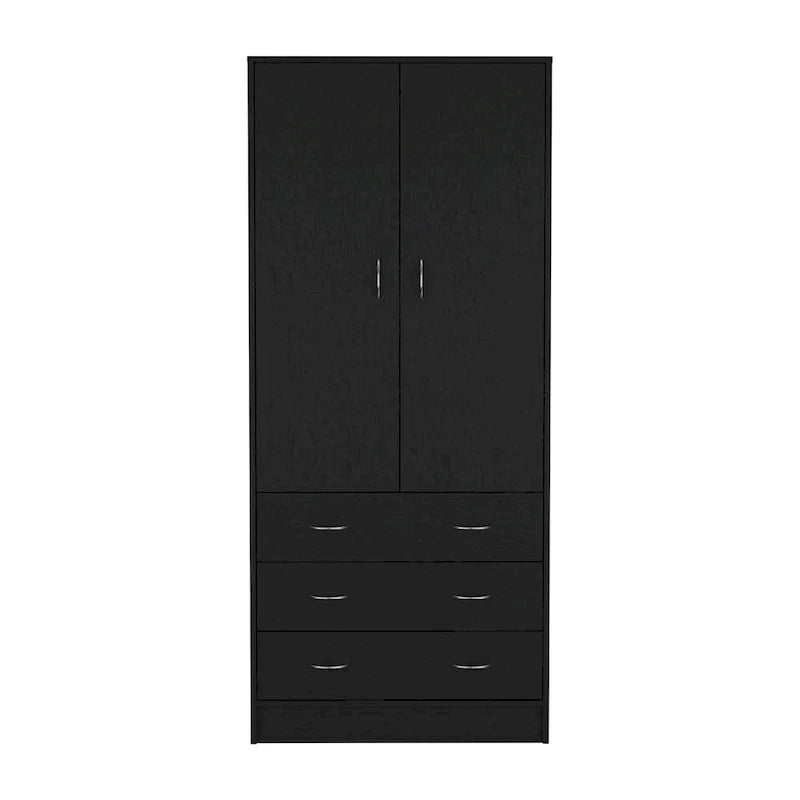 Double Door Wardrobe with 3 Drawers and Hanging Rod
