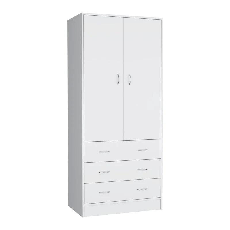 Double Door Wardrobe with 3 Drawers and Hanging Rod