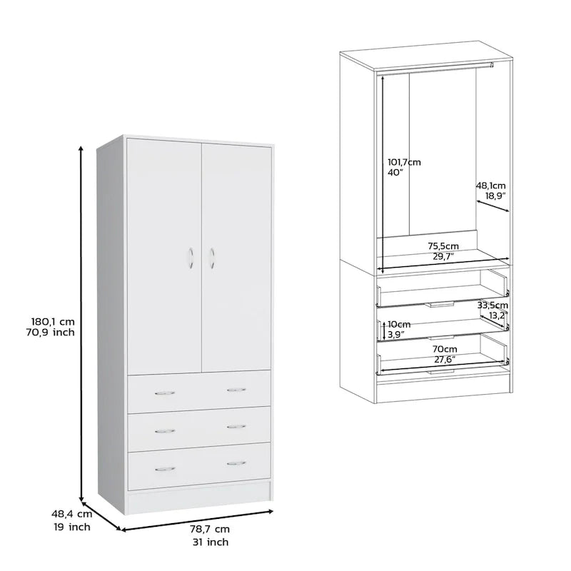 Double Door Wardrobe with 3 Drawers and Hanging Rod
