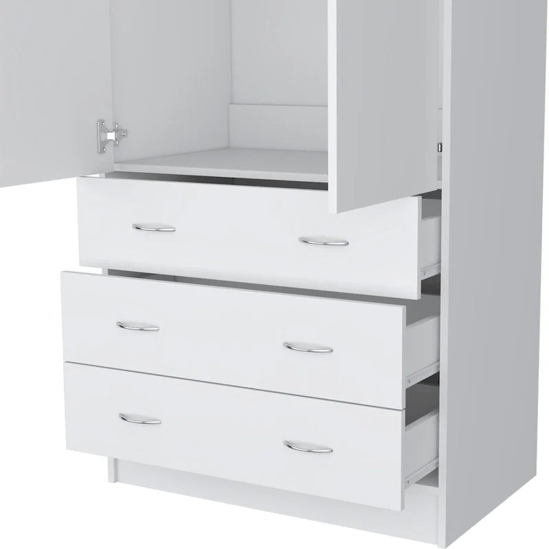 Double Door Wardrobe with 3 Drawers and Hanging Rod