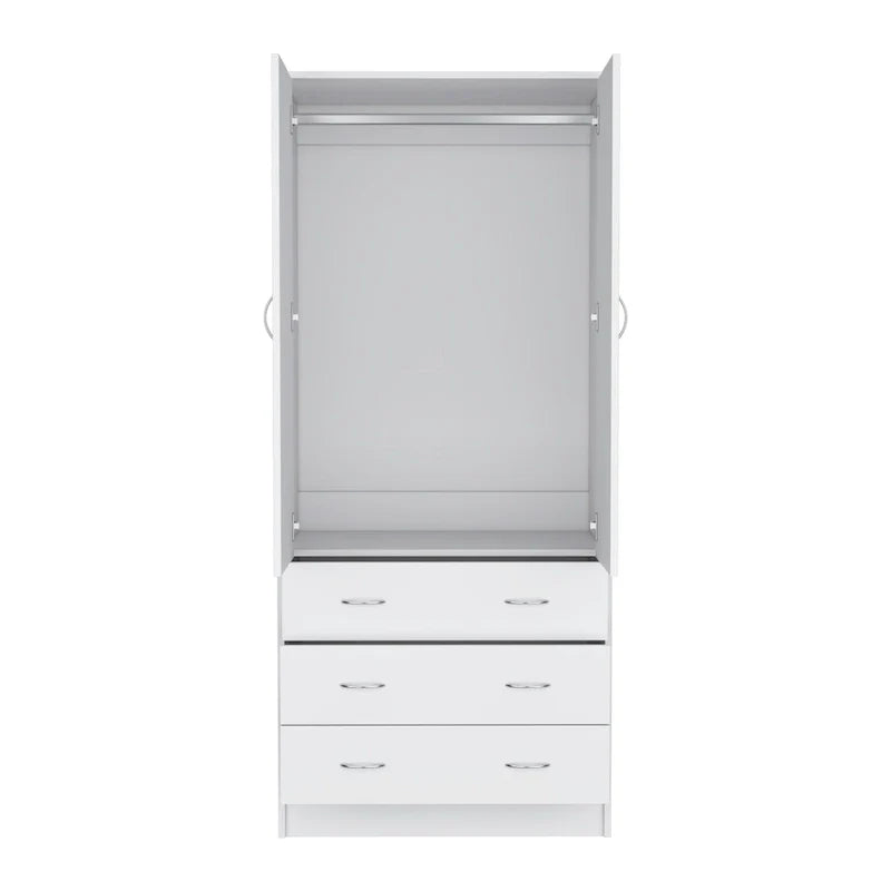 Double Door Wardrobe with 3 Drawers and Hanging Rod
