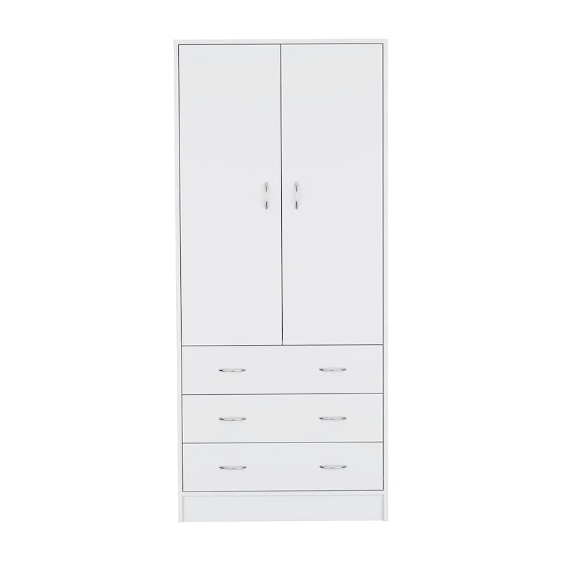 Double Door Wardrobe with 3 Drawers and Hanging Rod