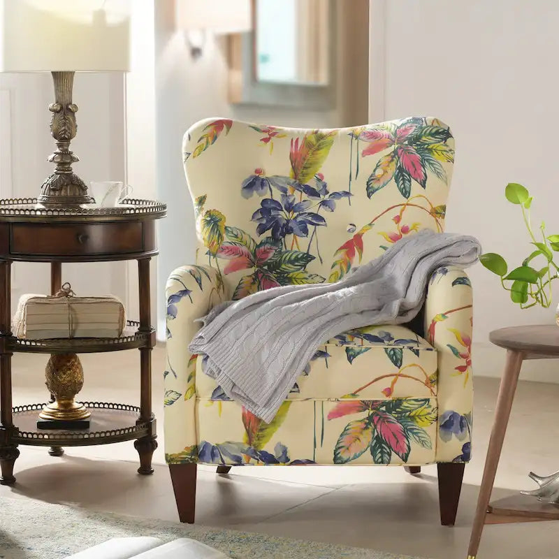Floral Print Upholstered Armchair with Birchwood Frame