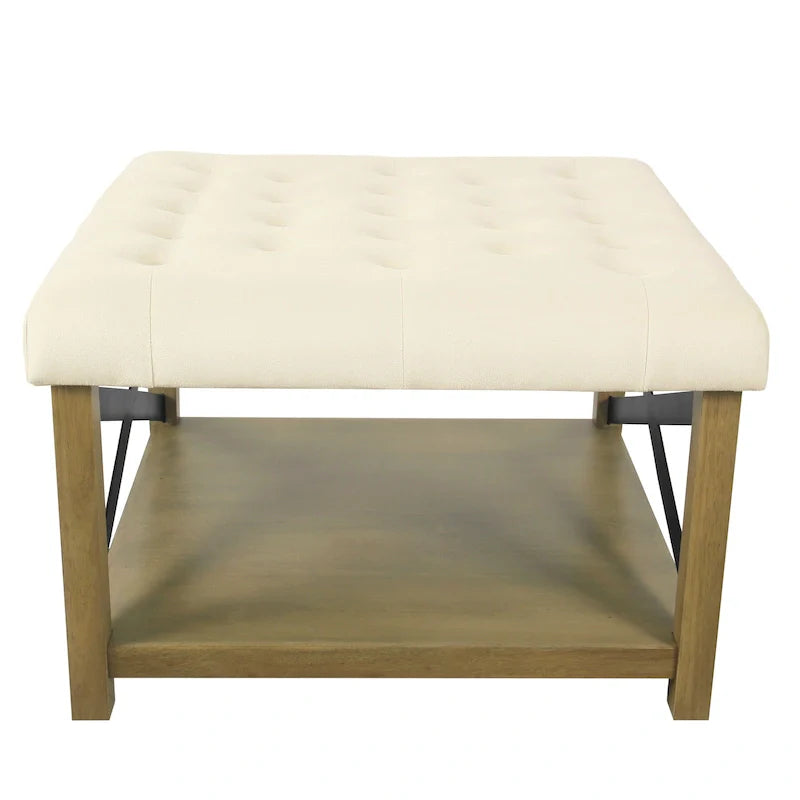 Square Tufted Storage Ottoman with Wood Shelf