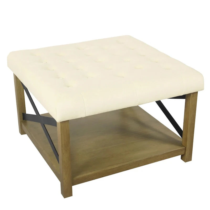 Square Tufted Storage Ottoman with Wood Shelf