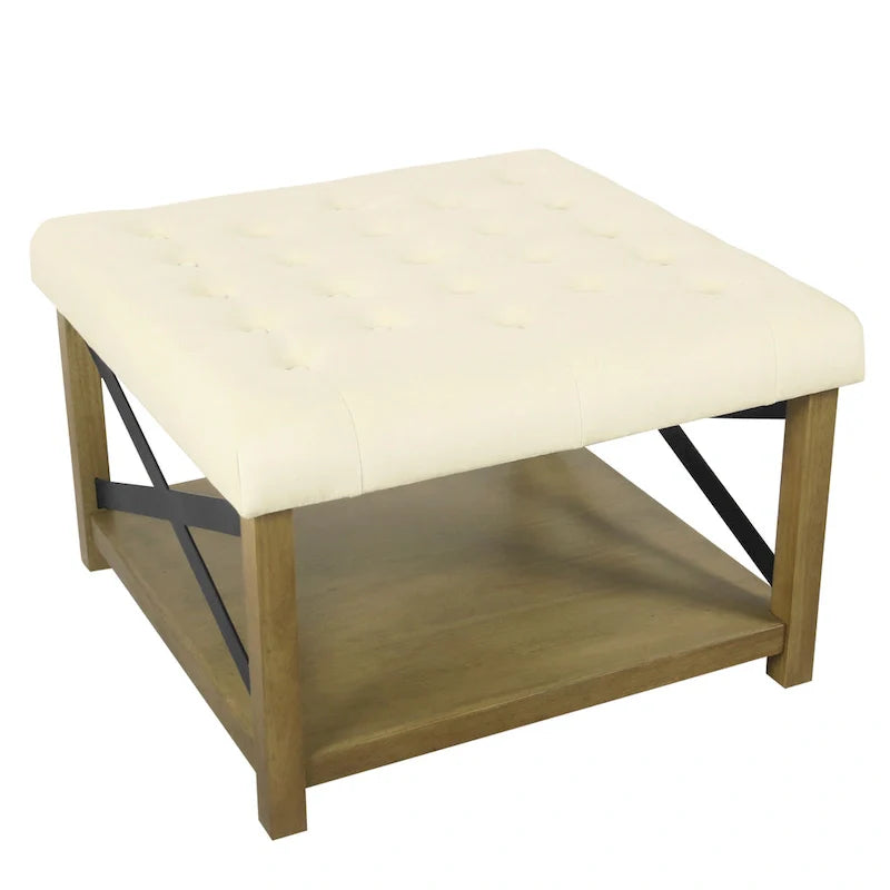 Square Tufted Storage Ottoman with Wood Shelf