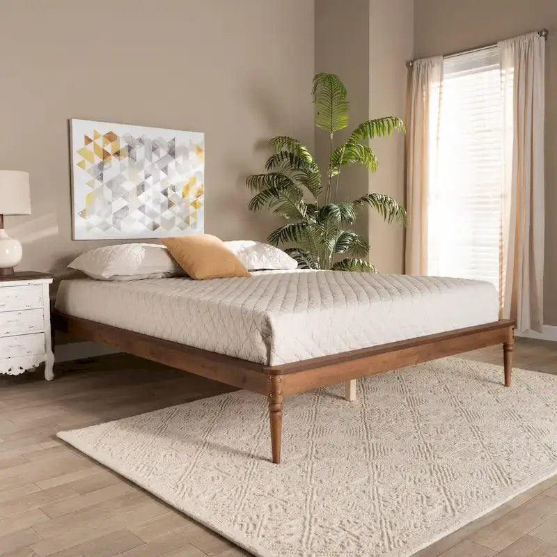 Walnut Brown Wood Bed Frame with Turned Legs