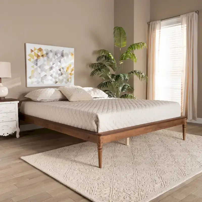 Walnut Brown Wood Bed Frame with Turned Legs