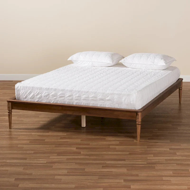 Walnut Brown Wood Bed Frame with Turned Legs