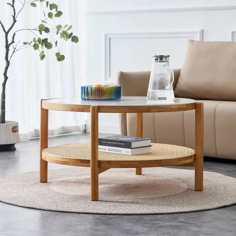 Circular Double-Layer Solid Wood & Glass Coffee Table