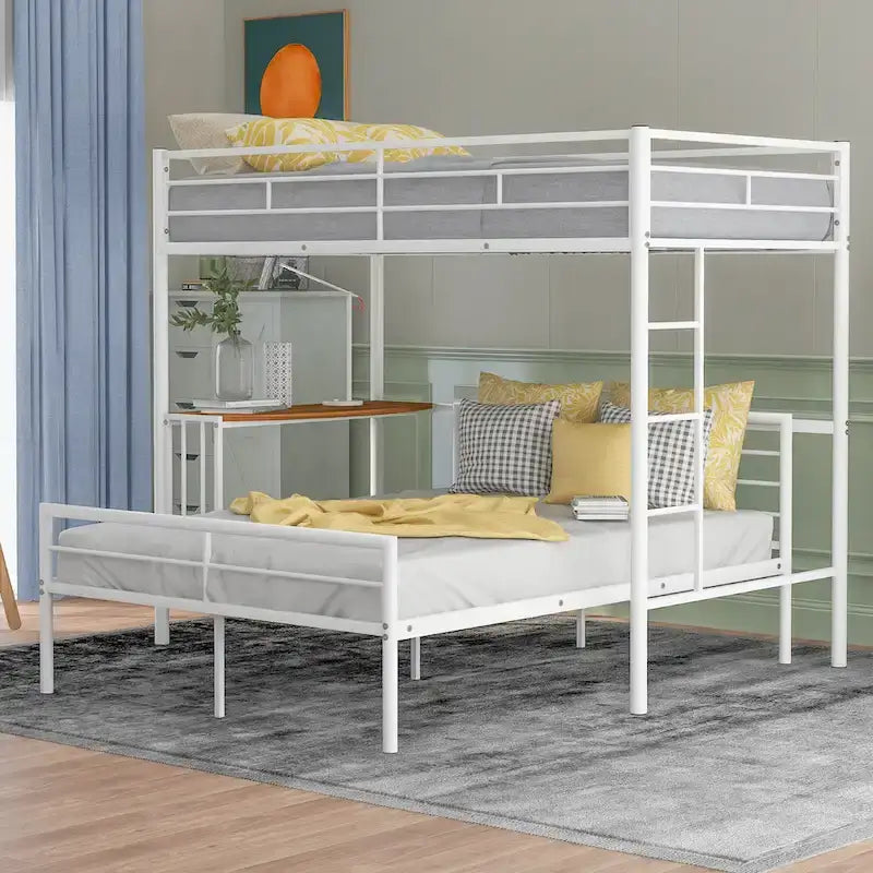 Twin Over Full Metal Bunk Bed with Desk, Ladder and Metal Slats