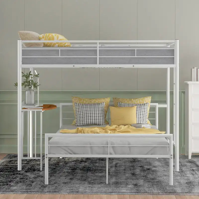 Twin Over Full Metal Bunk Bed with Desk, Ladder and Metal Slats