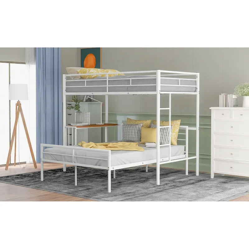 Twin Over Full Metal Bunk Bed with Desk, Ladder and Metal Slats