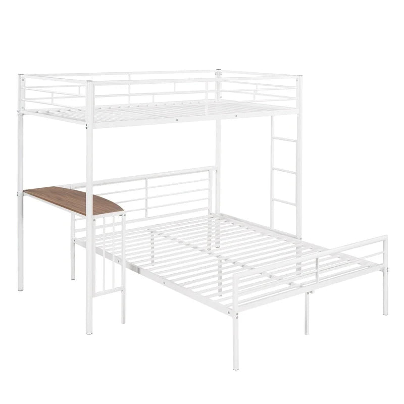 Twin Over Full Metal Bunk Bed with Desk, Ladder and Metal Slats