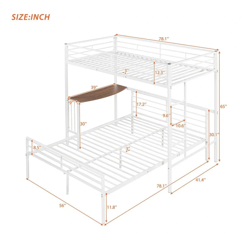 Twin Over Full Metal Bunk Bed with Desk, Ladder and Metal Slats