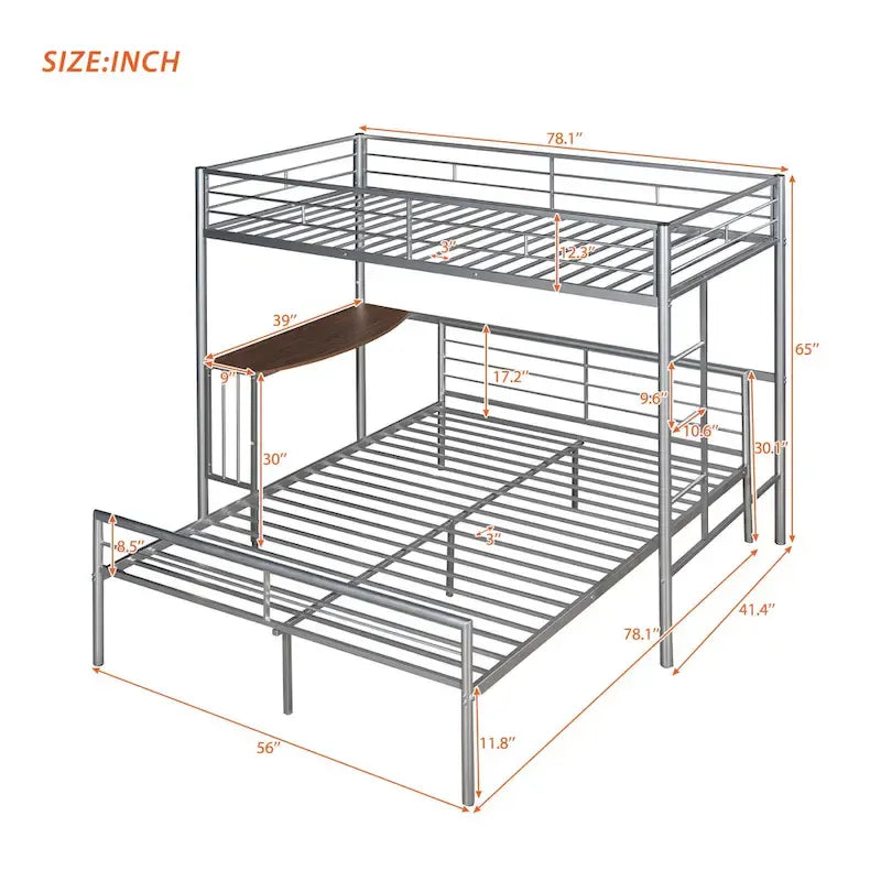 Twin Over Full Metal Bunk Bed with Desk, Ladder and Metal Slats