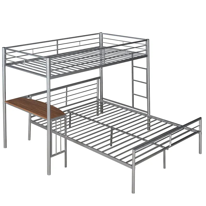 Twin Over Full Metal Bunk Bed with Desk, Ladder and Metal Slats