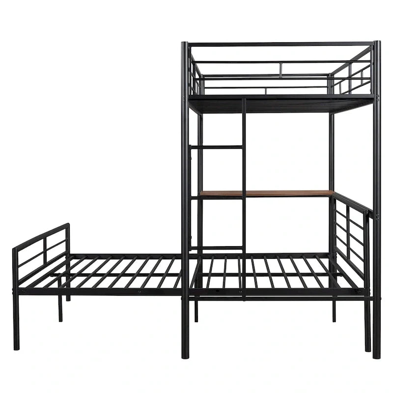 Twin Over Full Metal Bunk Bed with Desk, Ladder and Metal Slats