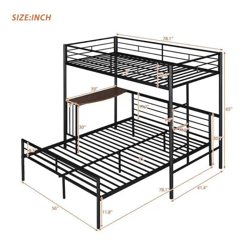 Twin Over Full Metal Bunk Bed with Desk, Ladder and Metal Slats