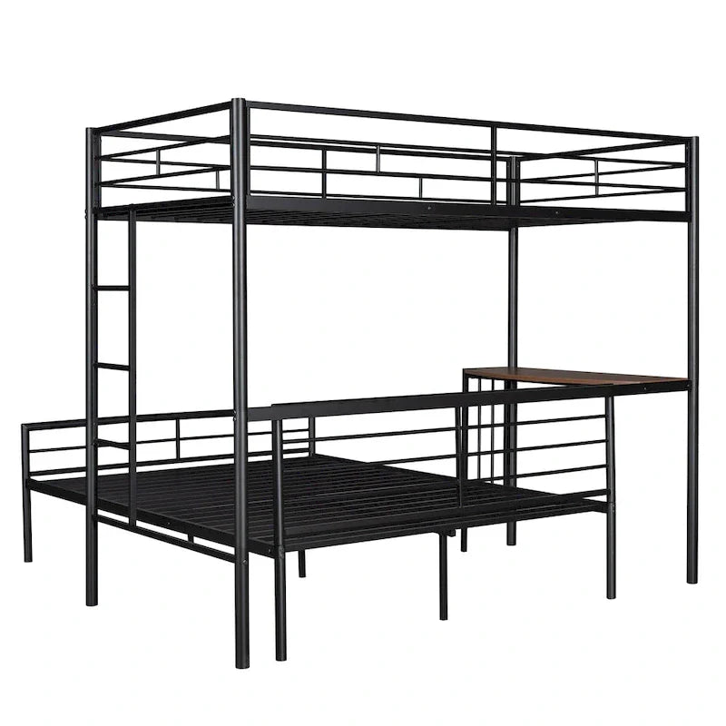 Twin Over Full Metal Bunk Bed with Desk, Ladder and Metal Slats