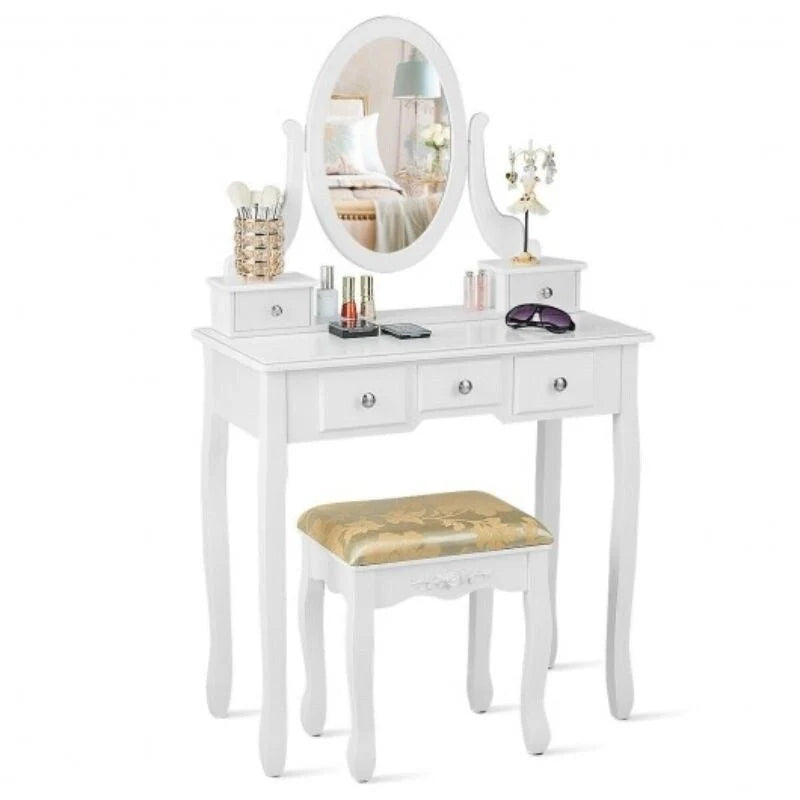 Vanity Dressing Table Set with 5 Drawers and Oval Mirror