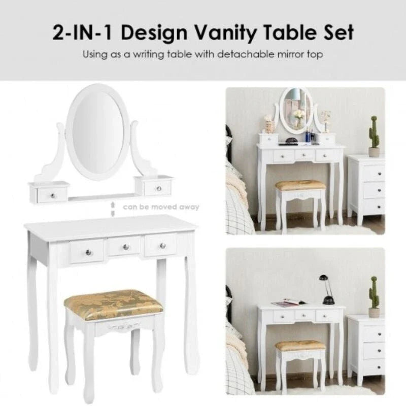 Vanity Dressing Table Set with 5 Drawers and Oval Mirror