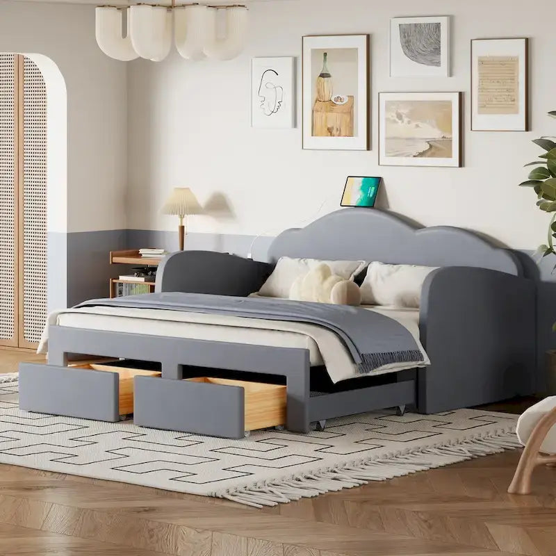 Twin Size Upholstered daybed with Trundle & 2 Drawers