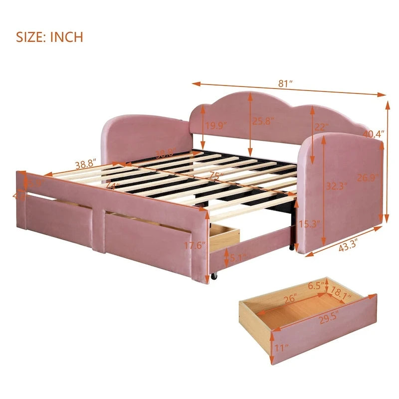 Twin Size Upholstered daybed with Trundle & 2 Drawers