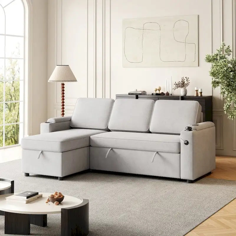L-Shaped Convertible Sofa Bed with Storage and Charging Ports