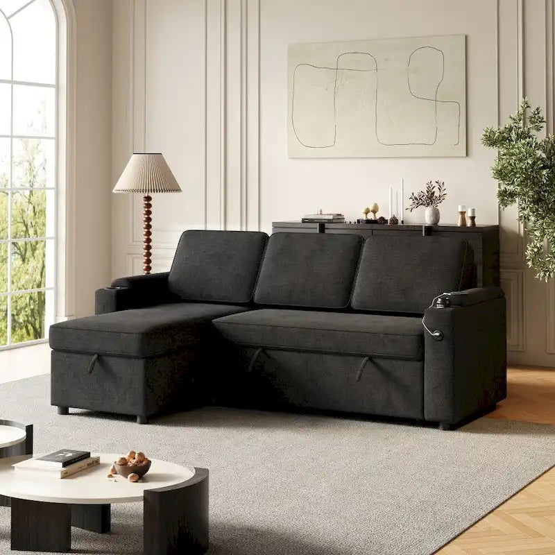 L-Shaped Convertible Sofa Bed with Storage and Charging Ports