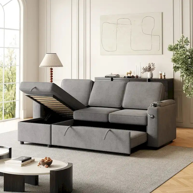 L-Shaped Convertible Sofa Bed with Storage and Charging Ports