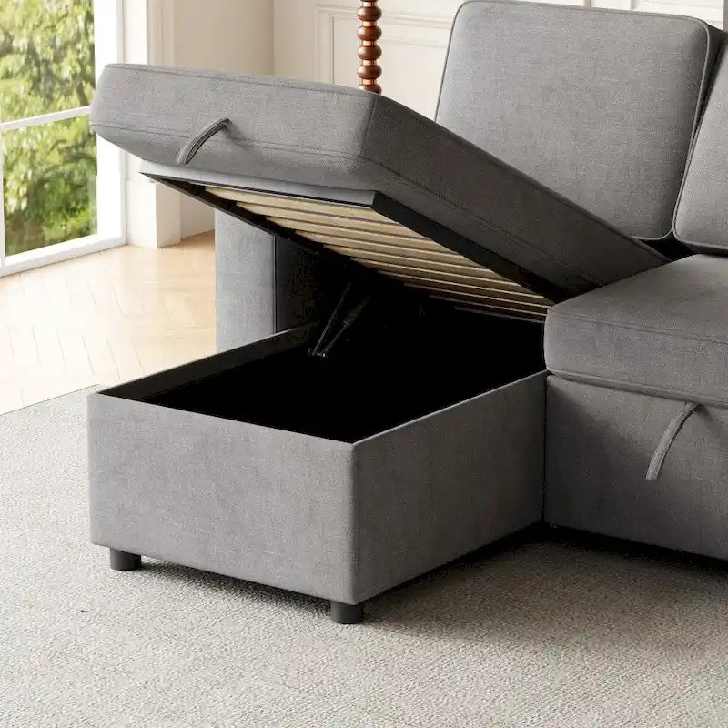 L-Shaped Convertible Sofa Bed with Storage and Charging Ports