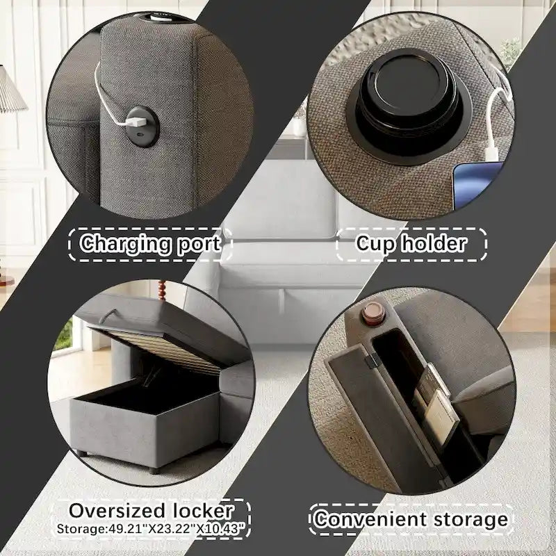 L-Shaped Convertible Sofa Bed with Storage and Charging Ports