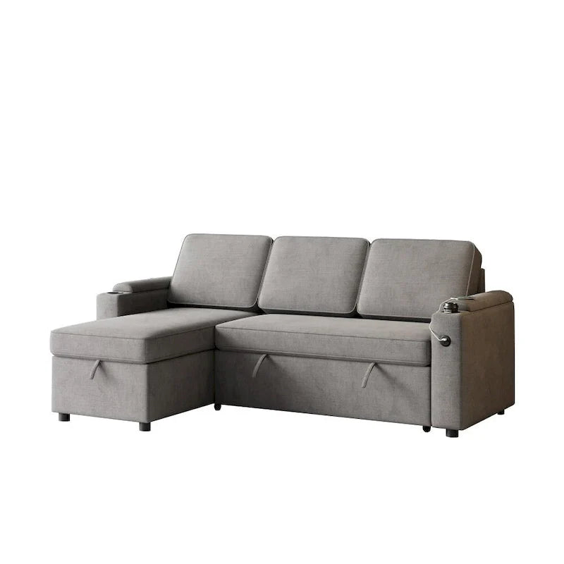L-Shaped Convertible Sofa Bed with Storage and Charging Ports