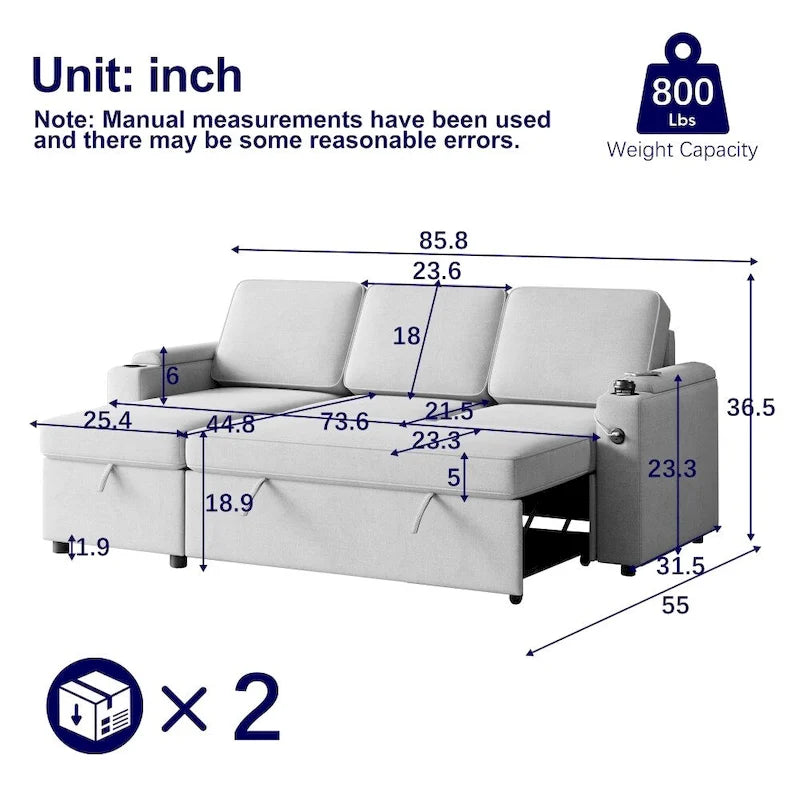 L-Shaped Convertible Sofa Bed with Storage and Charging Ports