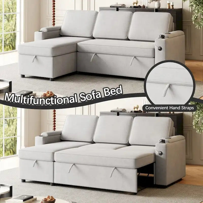 L-Shaped Convertible Sofa Bed with Storage and Charging Ports