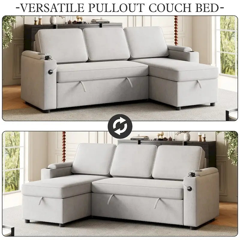 L-Shaped Convertible Sofa Bed with Storage and Charging Ports