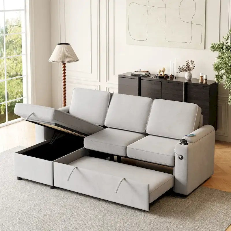L-Shaped Convertible Sofa Bed with Storage and Charging Ports