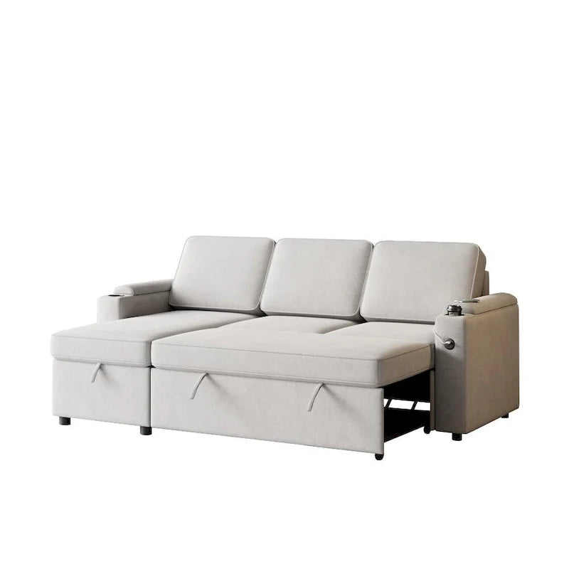 L-Shaped Convertible Sofa Bed with Storage and Charging Ports