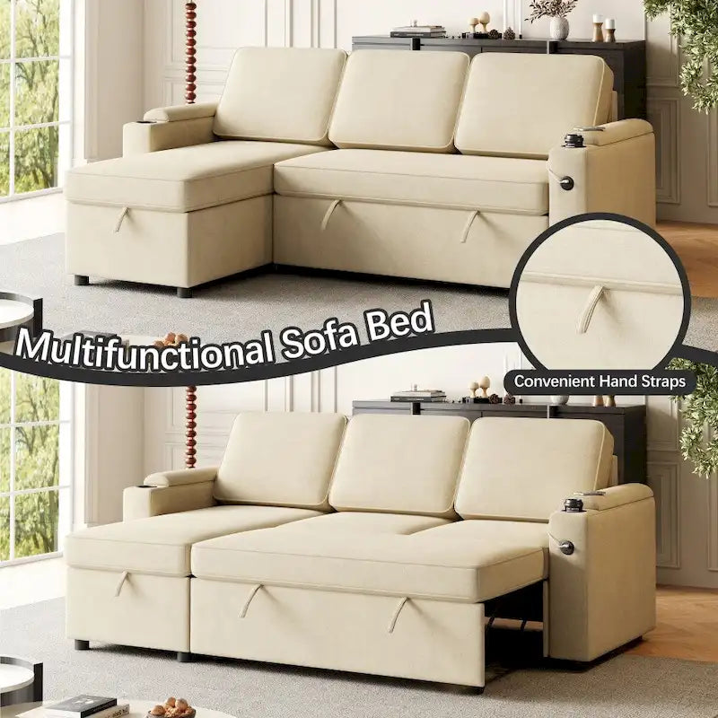 L-Shaped Convertible Sofa Bed with Storage and Charging Ports