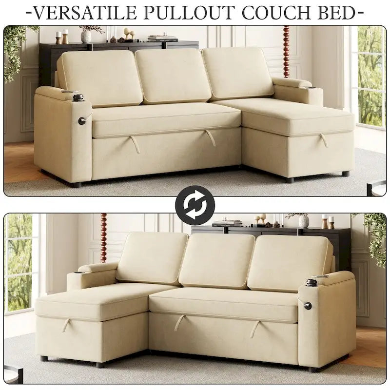 L-Shaped Convertible Sofa Bed with Storage and Charging Ports