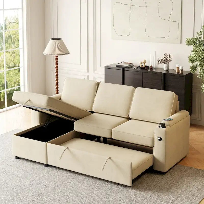 L-Shaped Convertible Sofa Bed with Storage and Charging Ports