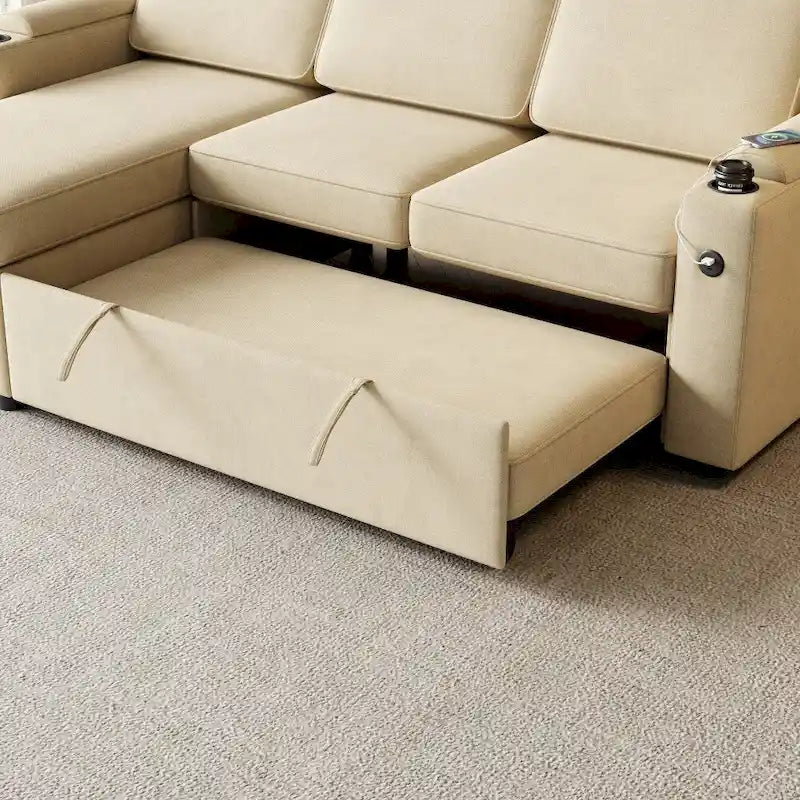 L-Shaped Convertible Sofa Bed with Storage and Charging Ports