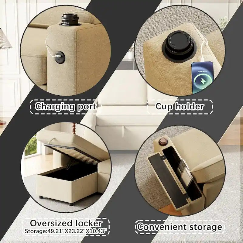 L-Shaped Convertible Sofa Bed with Storage and Charging Ports