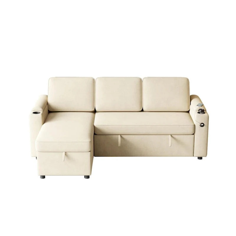 L-Shaped Convertible Sofa Bed with Storage and Charging Ports