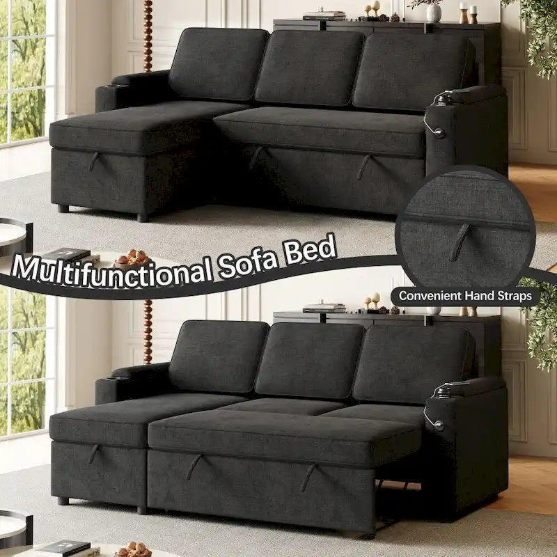L-Shaped Convertible Sofa Bed with Storage and Charging Ports