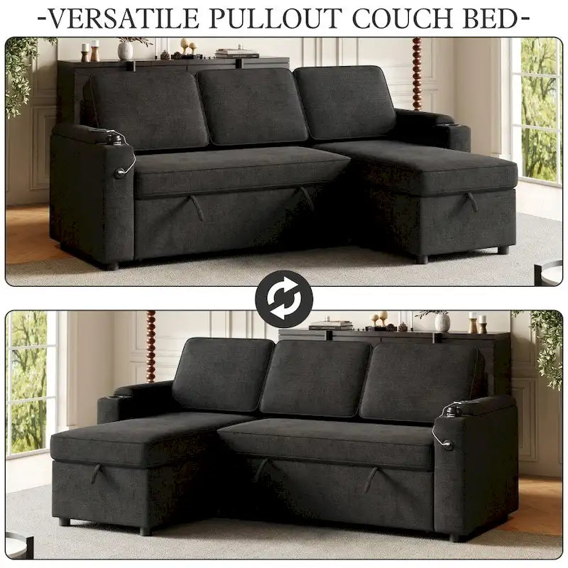 L-Shaped Convertible Sofa Bed with Storage and Charging Ports