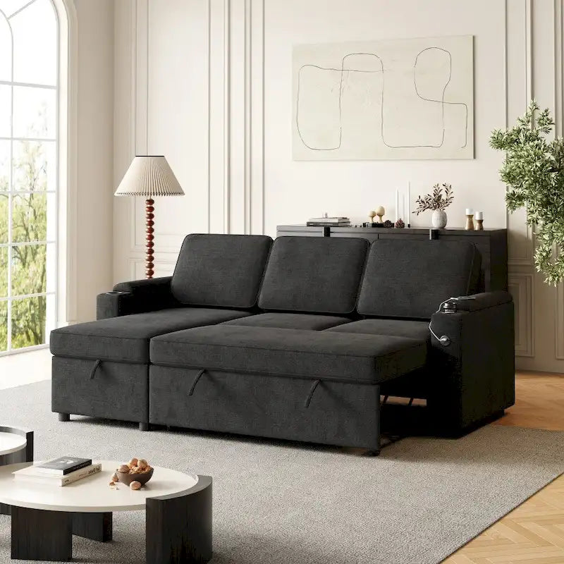 L-Shaped Convertible Sofa Bed with Storage and Charging Ports