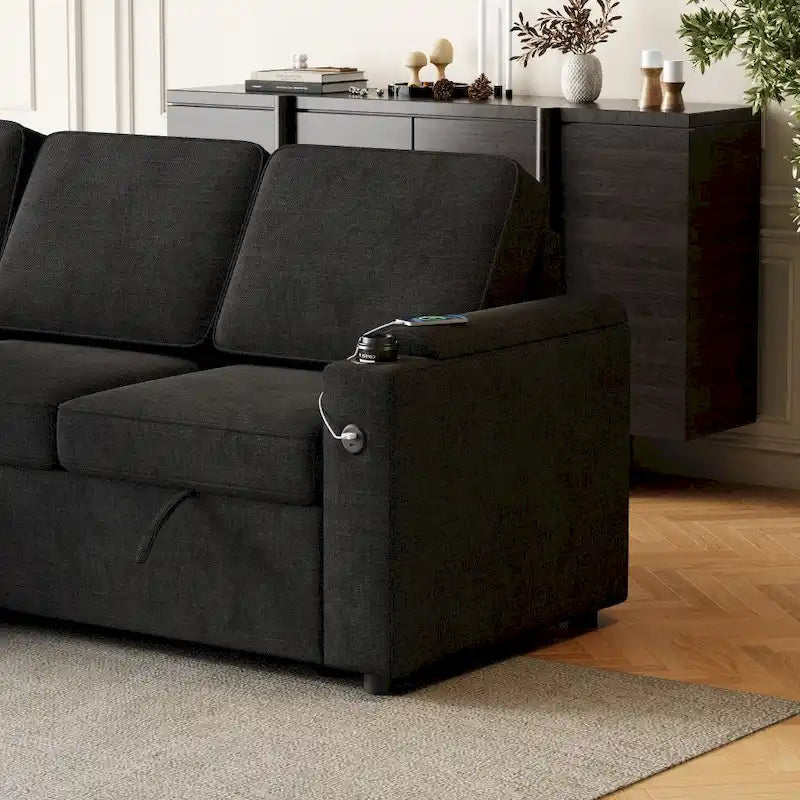 L-Shaped Convertible Sofa Bed with Storage and Charging Ports