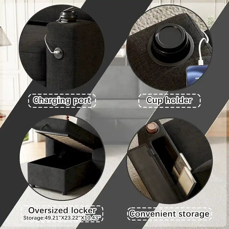 L-Shaped Convertible Sofa Bed with Storage and Charging Ports